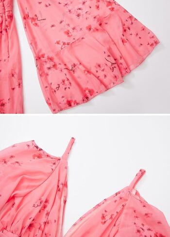 Womens Summer V-Neck Dress Floral Print Spaghetti Cold Shoulder Empire Waist Beach Maxi Dresses (Pink,XL) in Saudi Arabia