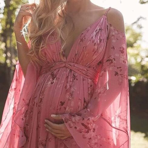 Womens Summer V-Neck Dress Floral Print Spaghetti Cold Shoulder Empire Waist Beach Maxi Dresses (Pink,XL) in Saudi Arabia
