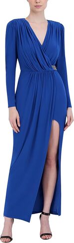 BCBGMAXAZRIA Women's Faux Wrap Sheath Floor Length Evening Dress Long Sleeve Surplice Neck Beaded Belt Front Slit Gown in Saudi Arabia