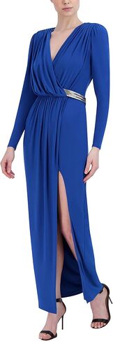 BCBGMAXAZRIA Women's Faux Wrap Sheath Floor Length Evening Dress Long Sleeve Surplice Neck Beaded Belt Front Slit Gown in Saudi Arabia