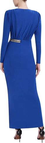 BCBGMAXAZRIA Women's Faux Wrap Sheath Floor Length Evening Dress Long Sleeve Surplice Neck Beaded Belt Front Slit Gown in Saudi Arabia