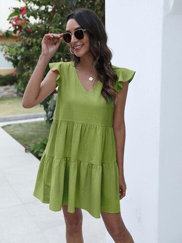 فستان تشيني قصير فضفاض بأكمام مكشكشة ورقبة على شكل حرف V فستان كاجوال فستان صيفي قصير للنساء والفتيات in Kuwait