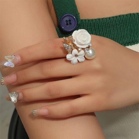 CZ Rose Flower Wedding Ring for Women Girls Statement Engagement Round Rhinstone Crystal Aryclic Daisy Plumeria Adjustable Open Wrap Finger Rings Comfort Fit Cocktail Party Valentine Jewelry in Kuwait