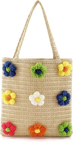شيك يوميات حقيبة القش للنساء المنسوجة يدويا الصيف حقيبة يد للشاطئ مع الزهور حقيبة هوبو حقيبة كتف حقيبة شاطئية كبيرة in Kuwait