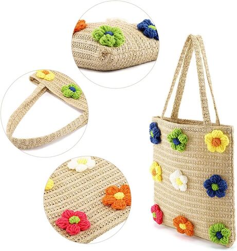 شيك يوميات حقيبة القش للنساء المنسوجة يدويا الصيف حقيبة يد للشاطئ مع الزهور حقيبة هوبو حقيبة كتف حقيبة شاطئية كبيرة in Kuwait