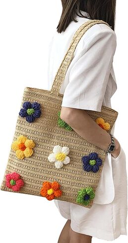 شيك يوميات حقيبة القش للنساء المنسوجة يدويا الصيف حقيبة يد للشاطئ مع الزهور حقيبة هوبو حقيبة كتف حقيبة شاطئية كبيرة in Kuwait