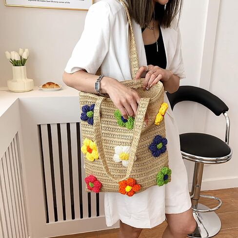 شيك يوميات حقيبة القش للنساء المنسوجة يدويا الصيف حقيبة يد للشاطئ مع الزهور حقيبة هوبو حقيبة كتف حقيبة شاطئية كبيرة in Kuwait