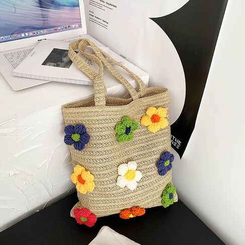 شيك يوميات حقيبة القش للنساء المنسوجة يدويا الصيف حقيبة يد للشاطئ مع الزهور حقيبة هوبو حقيبة كتف حقيبة شاطئية كبيرة in Kuwait