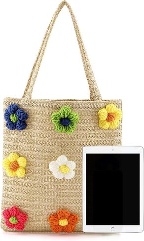 شيك يوميات حقيبة القش للنساء المنسوجة يدويا الصيف حقيبة يد للشاطئ مع الزهور حقيبة هوبو حقيبة كتف حقيبة شاطئية كبيرة in Kuwait
