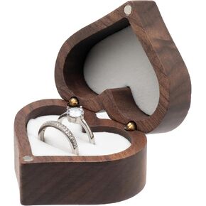 Solid Walnut Wood Double Ring Box Case for Wedding Ceremony Engagement Proposal,Heart Wooden Ring Holder for 2 Rings (Beige Inner)