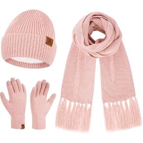 Womens Winter Hats Long Scarf Touch Screen Gloves Set Knit Warm Beanie Hat Scarves Gloves for Women Cold Weather Fleece Gifts