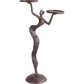 Danya B. Abstract Metal Art Shelf Décor - Decorative Cast Iron Figurine Candle-Holder for Two Ball or Pillar Candles - Fancy Lady Double Candle Holder - Brown
