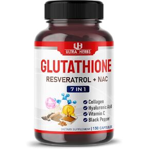 Glutathione Supplement 10,050mg Active Reduced Form, Enriched with Resveratrol, NAC, Collagen, Hyaluronic Acid, Vitamin C - Advanced Antioxidant for Immunity & Detox | 150 Capsules