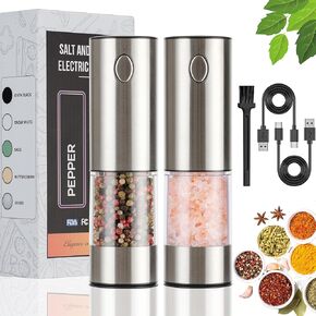2 Pack Electric Salt and Pepper Grinder Set - USB Rechargeable Automatic Salt Pepper Mill Shaker with LED Light, Adjustable Coarseness, One Hand Operation