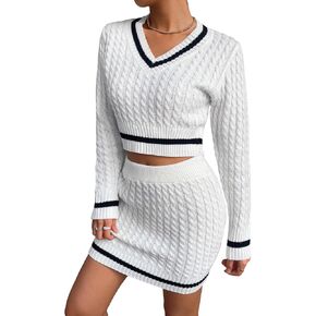 SweatyRocks Women's 2 Piece Outfits Contrast Trim Long Sleeve V Neck Sweater Pullovers Top and Knitted Skirt Sets