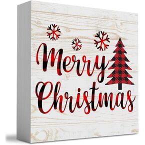 Rustic Winter Merry Christmas Tree Wood Box Sign, Farmhouse Christmas Snowflakes Santa Artwork Decor, Wood Square Sign Desk Block Signs Home Shelf Office Decoration 5 x 5 Inches