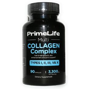 PrimeLife Collagen for Men & Women - Support Skin, Nails, Hair & Joints - Non-GMO - Type I, II, III, V & X Multi Collagen Pills - 30 Day Supply (90 Capsules)