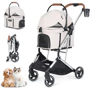T3 3 in 1 Small Pet Stroller Dog Stroller Pet Stroller for Cats, 4 Wheels Stroller for Dogs with Detachable Carrier with Pad, Canopy and Cup Holder, Beige
