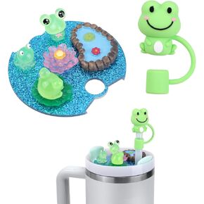 Luminous Frog Pond Cup Lid Charms for Stanley Bottle 30oz, with Cute Frog Silicone Straw Cover Cap Glow-in-The-Dark Name Plate DIY Tumbler Lid Topper for Stanley Cup Charms Accessories