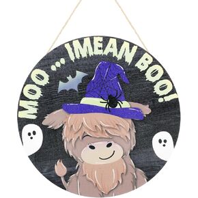 Halloween Highland Cow Hanging Sign Wooden Front Door Hanger Highland Cow Rustic Decor Bat Ghost Witch Hat Spider for Home Window Porch Wall Indoor Outdoor Halloween Decorations