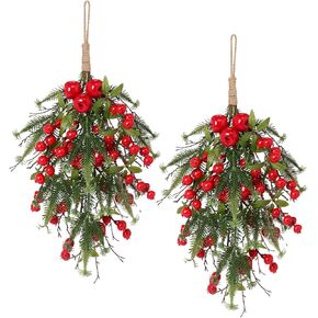 SY Super Bang 2PCS Christmas Decorations, 19Inch Artificial Wreaths Red Berry/Green Plant Front Door/Fireplace Hanging Decoration, for Home Holiday Wall Party Xmas Decor.