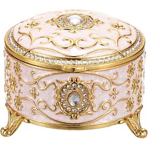 Hipiwe Metal Jewelry Box Small Treasure Chest Box Vintage Round Trinket Organizer Ring Holder Enameled Jewelry Box for Earrings Necklace Holder Gift for Birthday Christmas,Home Decor,Beige
