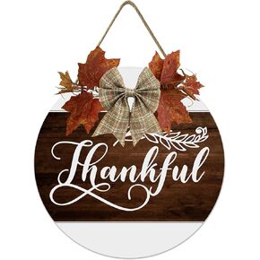 Fall Thanksgiving Wooden Hanging Sign - Thankful Wood Welcome Sign - with Bow Rustic Farmhouse Door Hanger for Autumn Harvest Holiday Home Decoration 12x12 Inch