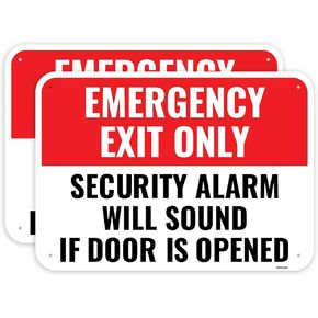2PC Emergency Exit Only Sign, 14 x 10 Inches - Aluminum - Security Alarm Will Sound If Door Is Opened