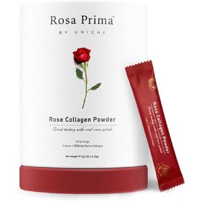 Unichi Rose Collagen Peptides Powder, Hydrolysed Marine Collagen Type I, III with Vitamins A, C, E in Rose Petal Powder for Hair, Nails and Skin Health, 0 Sugar, 0 Fat, Rose Petal Flavour, 30 Servings