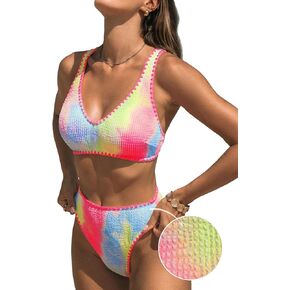 CUPSHE Women's Bikini Sets Two Piece Swimsuit High Waisted V Neck Crisscross Back Hook Stitching Cheeky Bottom