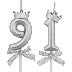 91 Birthday Candles, 91st Cake Candles, Silver Happy Birthday Number 91 Candles Cake Topper Decorations for Party Men Women