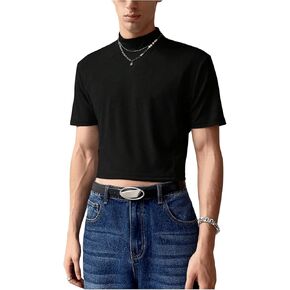 OYOANGLE Men's Mock Neck Short Sleeve Cropped T Shirt Solid Casual Streetwear Party Tops