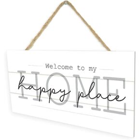 Welcome To My Home Happy Place Wooden Plank Hanging Wall Decor Sign White Wood Style 5x10