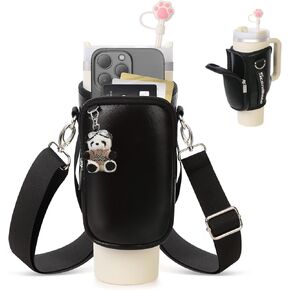 Stanley 40 oz Water Bottle Carrier Bag with Phone Pocket, Tumbler Neoprene Water Bottle Holder Pouch with Adjustable Strap, Stanley Cup Accessories for Hiking Travelling Camping