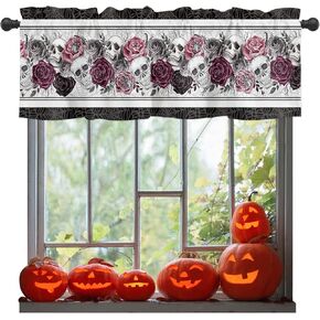 Halloween Valance for Windows Skull Curtains Valances Black Purple Rose Valance Window Treatments Horror Floral Short Curtains for Kitchen Living Room Bedroom Bathroom Cafe Holiday Party 54x18