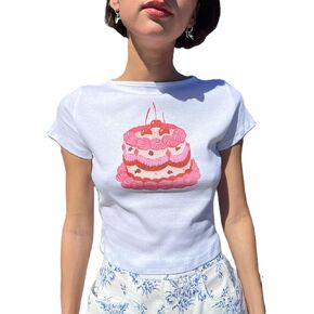 Y2k Fruit Print T Shirt Graphic Crop Top Women Teen Girl Short Sleeve Slim Fit Summer Vintage Aesthetic Baby Tee