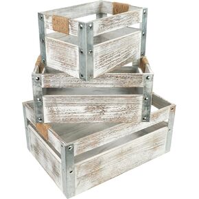 Gozo Wooden Storage Crates Set of 3 – Rustic Farmhouse Nesting Crates with Handles – Wood Boxes for Crafts – Decorative Storage Crate – Farmhouse Decor for Living Room, Bathroom, Kitchen & Bedroom