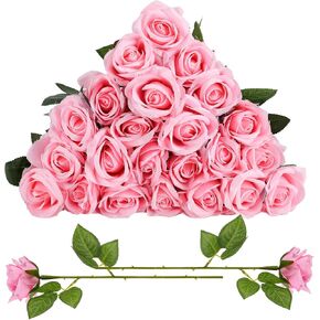 24 Pcs Pink Color Rose Artificial Flowers with Long Stem, Silk Fake Pink Roses Bulk for Wedding Bouquet Festival Decorations
