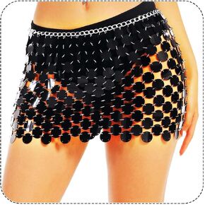 GORAIS Silver Sequin Chainmail Mini Skirt Dot Belly Dance Skirts Sparkly Nightclub Wrap Skirt for Women