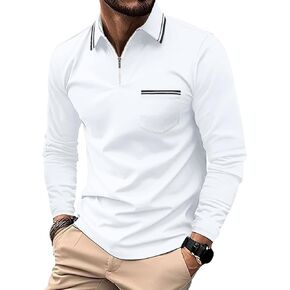 Lexiart Men's Polo Shirts Long Sleeve Casual Striped Contrast Collar Quarter Zip Golf Polo with Pocket