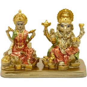 Hindu Lord Ganesha Lakshmi Statue – 3.7“H Indian God Laxmi Ganesh Murti Item Home Temple Puja Pooja Idol Diwali Gift India Home Office Mandir Altar Item