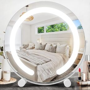 ALHAKIN 13 inch Vanity Mirror with Lights, LED Makeup Mirror with Lights, Smart Touch Control 3 Colors Dimmable Round Lighted Makeup Mirror for Bedroom Tabletop (Black)