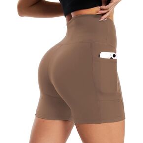 NEW YOUNG Biker Shorts with Pockets for Women High Waisted Tummy Control-5" Womens Bike Shorts for Workout Yoga Athletic Mocha