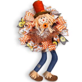 31'' Thanksgiving Scarecrow Wreath for Front Door Decor Fall Wreath with Orange Pumpkin Daisies Wildflowers Autumn Foliage for Harvest Festival Wreath Indoor Wall Hanging Decoration