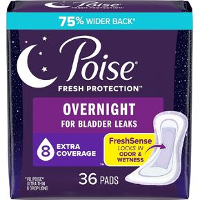 Poise Incontinence Pads & Postpartum Overnight Incontinence Pads, 8 Drop Extra Coverage, 96 Count (4 Packs of 24), Packaging May Vary