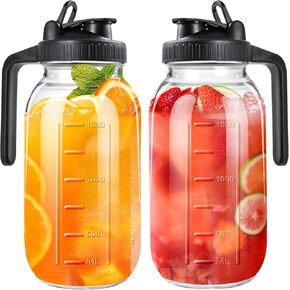 64oz Glass Pitcher with Lid, 2 Quart Mason Jar Pitcher with Lid and Spout, Wide Mouth Breast Milk Pitcher Glass Jug Sun Tea Pitcher, Cold Brew Coffee Pitcher, Fridge Container for Water, Juice, Tea