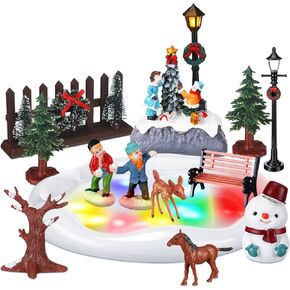 Thyle Christmas Village Light Ice Skating Rink Sets Christmas Village Accessories Miniature Christmas Figurines Village with Streetlights for Christmas Town Decorations Indoor Holiday Accessories