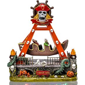 Afirst Halloween Village Indoor Halloween Decorations Pirate Ship Musical Pendulum LED Swing with Skull Pumpkin Motion and Sound for Indoor and Halloween Party Decor
