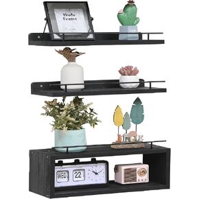 WONFUlity Bathroom Shelves, Wall Shelves with Storage Basket, Floating Shelves with Over Toilet Paper Holder, Farmhouse Wood Wall Shelves for Living Room, Bedroom, Kitchen,Wall Décor (4 Walnut)
