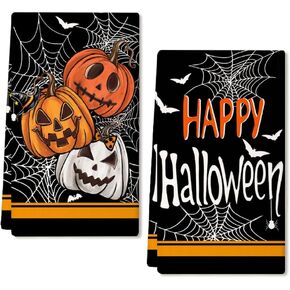 Halloween Kitchen Towels Set of 2,Pumpkin Web Bats Black Dish Hand Towels Holiday Home Indoor Bathroom Party Seasonal Decorations DD002
